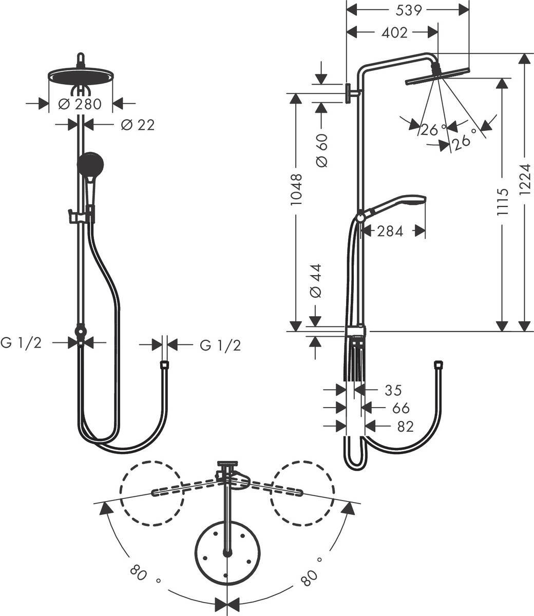 Купить Hansgrohe Croma Select S Showerpipe 280 1jet Reno Душевой набор хром 26793000 в магазине wardena.ru