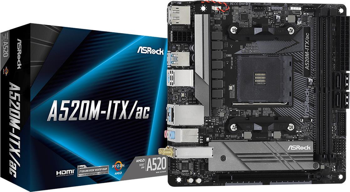 Купить ASRock A520M-ITX/ac - Motherboard - Mini-ITX - Socket AM4 - AMD A520 - USB-C Gen1, USB 3,2 Gen 1 - Gigabit LAN, Wi-Fi, Bluetooth - Onboard-Grafik (CPU erforderlich) - HD Audio (8-Kanal) (90-MXBDG0-A0UAYZ) в магазине wardena.ru