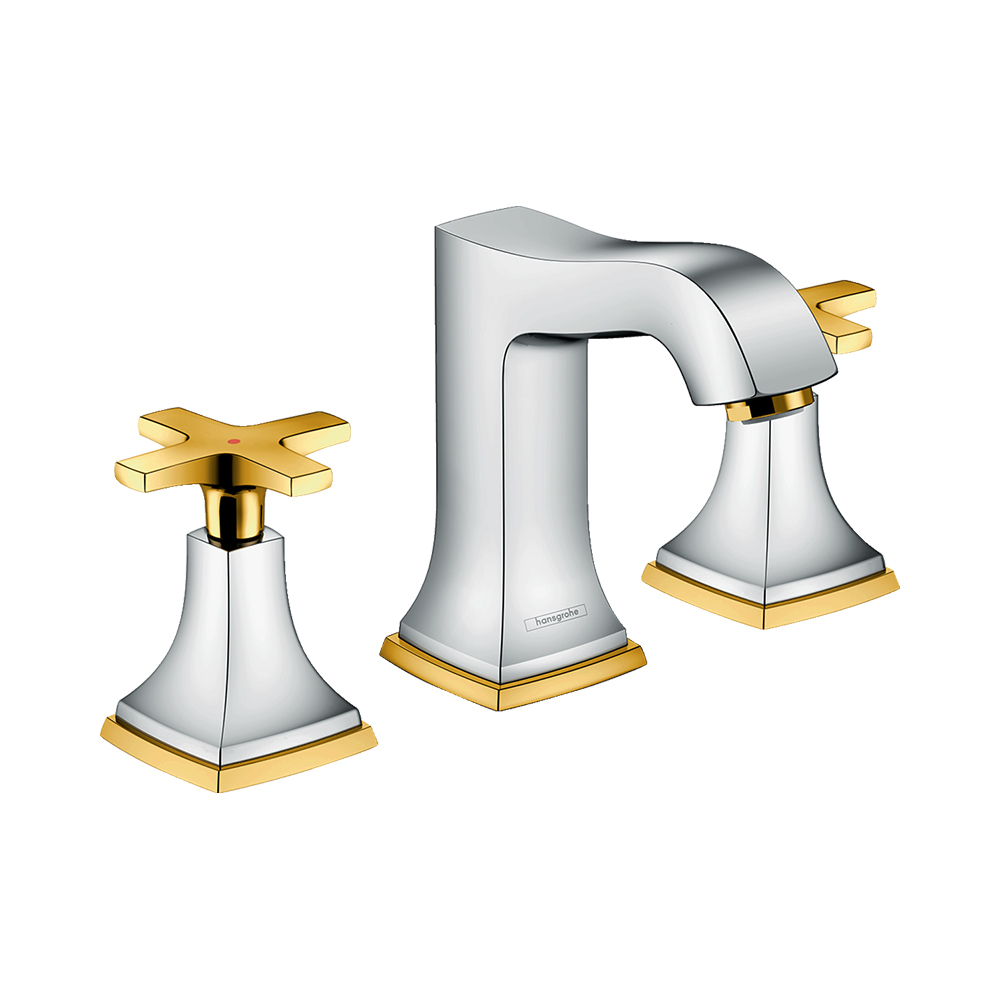 Купить Hansgrohe Metropol Classic Смеситель для раковины 110 на 3 отверстия с крестовыми рукоятками со сливным гарнитуром хром-золото 31306090 в магазине wardena.ru