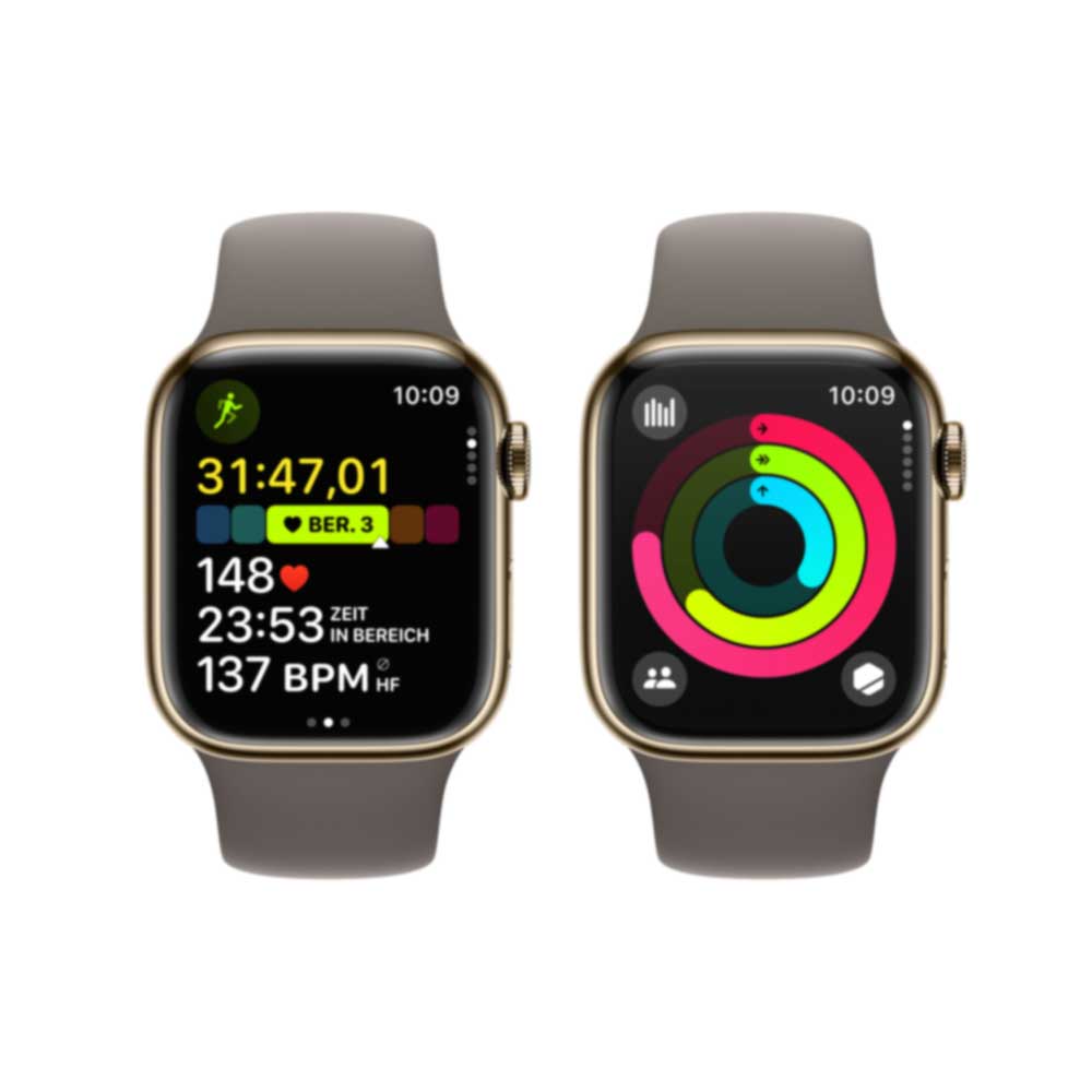 Купить APPLE Watch Series 9 GPS + Cellular 41mm Gold Stainless Steel Case with Clay Sport Band - M/L (MRJ63QF/A) в магазине wardena.ru