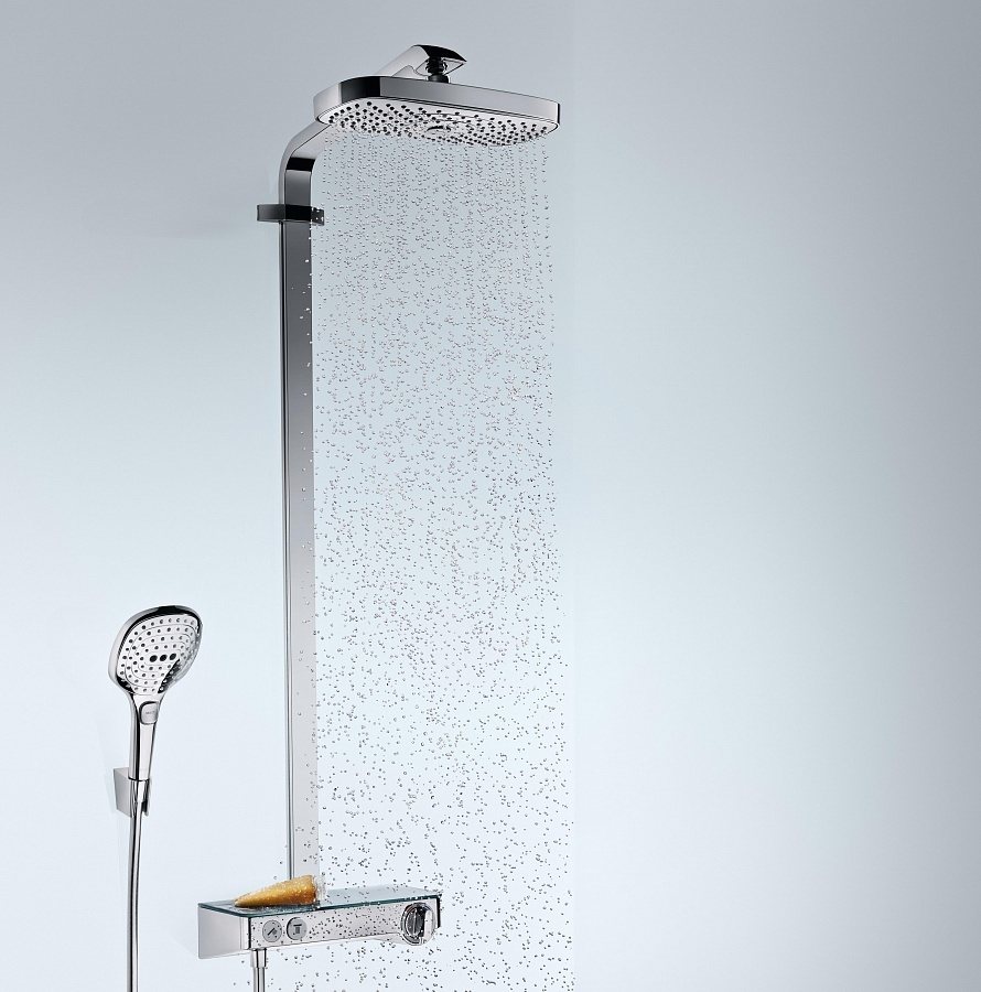 Купить Hansgrohe Raindance Select E Showerpipe 300 2jet EcoSmart 9 л/мин с термостатом ShowerTablet Select 300 хром-белый матовый 27283400 в магазине wardena.ru