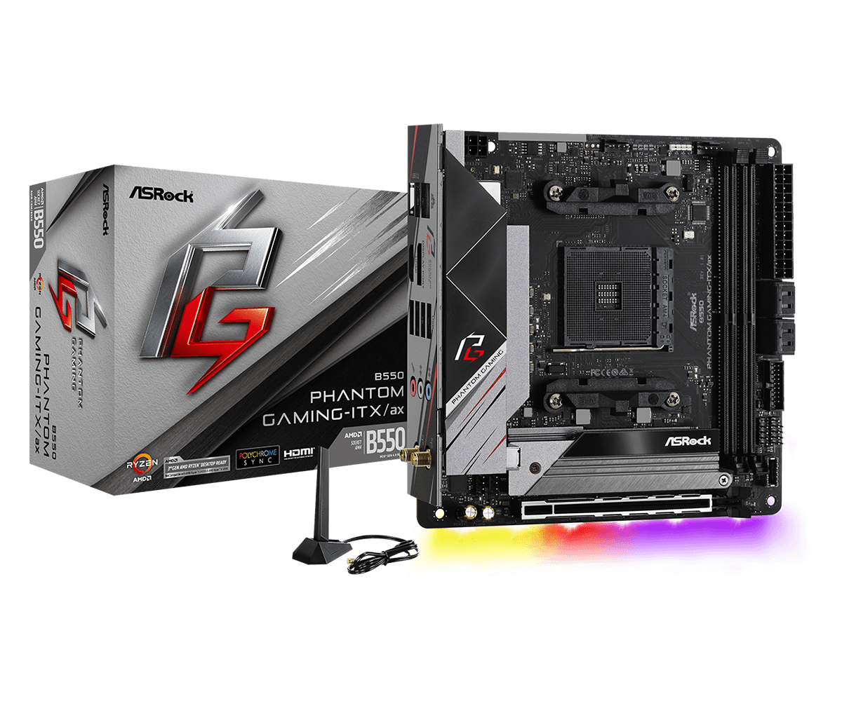 Купить ASRock B550 Phantom Gaming-ITX/ax - Motherboard - Mini-ITX - Socket AM4 - AMD B550 - USB-C Gen2, USB 3.2 Gen 1, USB 3.2 Gen 2 - 2.5 Gigabit LAN, Wi-Fi, Bluetooth - Onboard-Grafik (CPU erforderlich) - HD Audio (8-Kanal) (90-MXBD40-A0UAYZ) в магазине wardena.ru