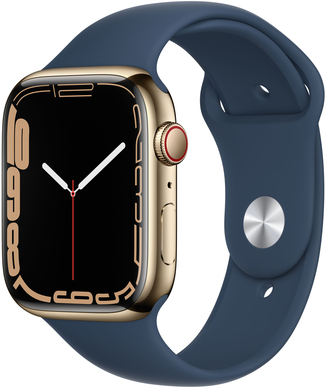 Купить Apple Watch Series 7 (GPS + Cellular) - 45 mm - Gold, Edelstahl - intelligente Uhr mit Sportband - Flouroelastomer - Abyss Blue - Bandgröße: regelmäßig - 32GB - Wi-Fi, Bluetooth - 4G - 51,5 g (MN9M3FD/A) в магазине wardena.ru