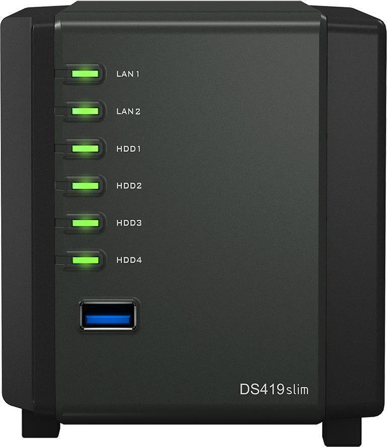 Купить Synology Disk Station DS419slim - NAS-Server - 4 Schächte - SATA 6Gb/s - RAID RAID 0, 1, 5, 6, 10, JBOD - RAM 512 MB - Gigabit Ethernet - iSCSI Support (DS419SLIM) в магазине wardena.ru