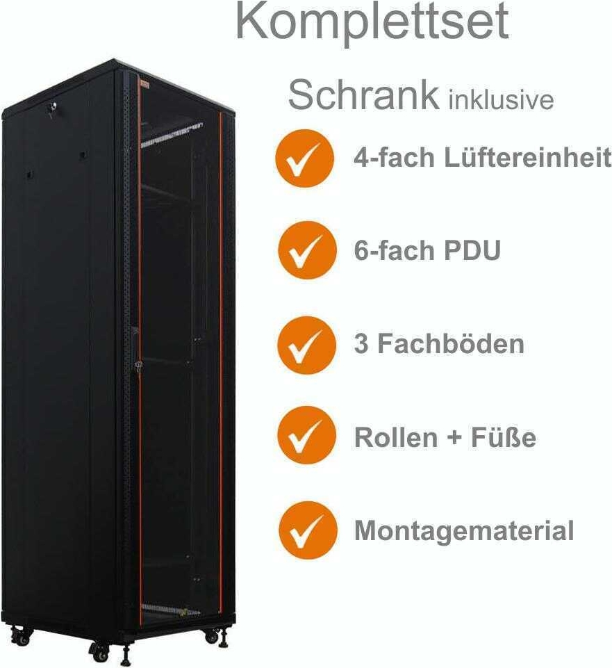 Купить IT-BUDGET 19"-Netzwerkschrank SRK - Komplettset - 38 HE - BxT 600x800 mm - Sicht-/Vollblechtür - 4 Aktiv-Lüfter - PDU - Fachböden - Flatpack - schwarz (90ITB19SRK3868GS) в магазине wardena.ru