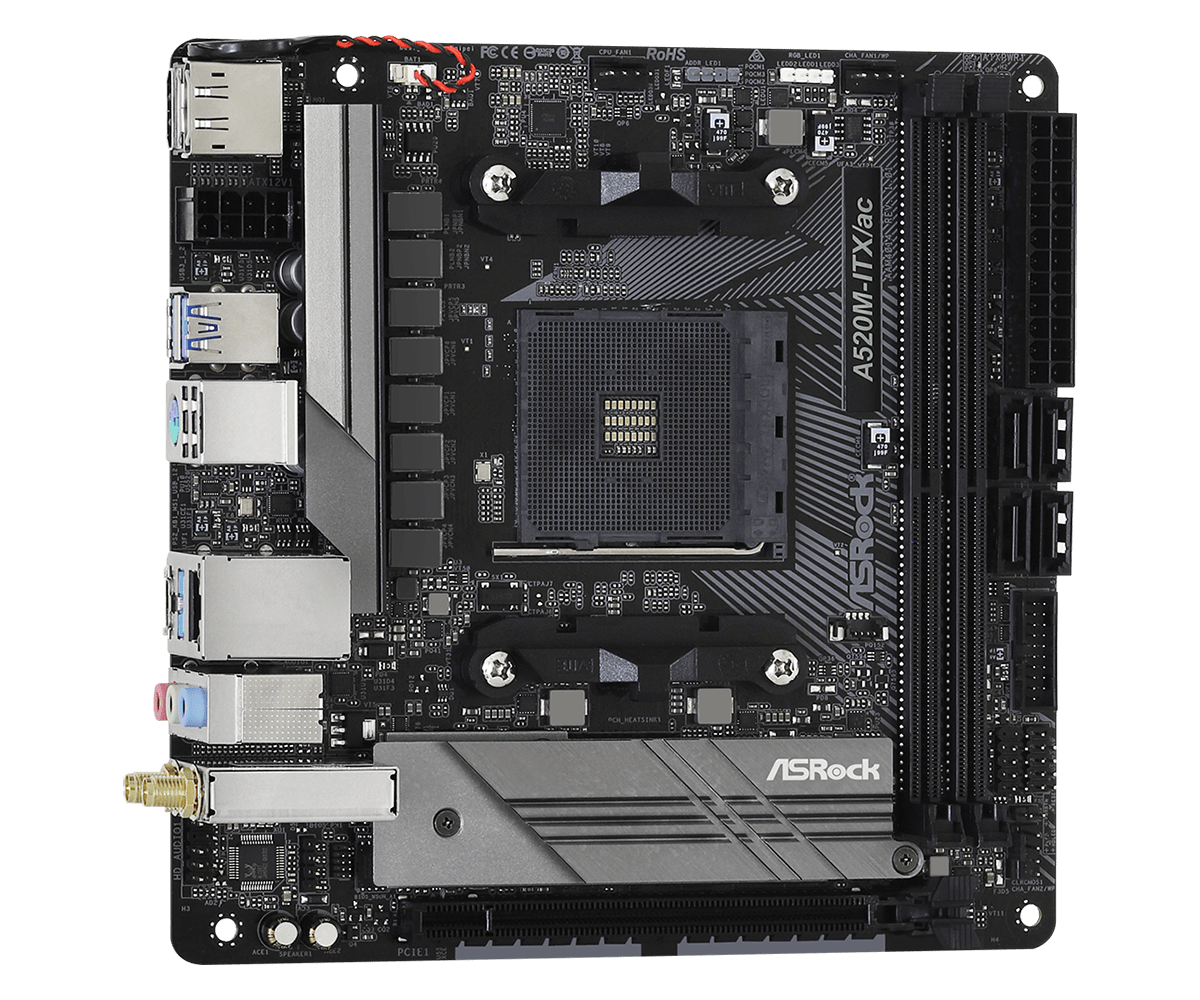 Купить ASRock A520M-ITX/ac - Motherboard - Mini-ITX - Socket AM4 - AMD A520 - USB-C Gen1, USB 3,2 Gen 1 - Gigabit LAN, Wi-Fi, Bluetooth - Onboard-Grafik (CPU erforderlich) - HD Audio (8-Kanal) (90-MXBDG0-A0UAYZ) в магазине wardena.ru