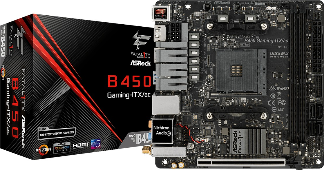 Купить ASRock Fatal1ty B450 Gaming-ITX/ac - Motherboard - Mini-ITX - Socket AM4 - AMD B450 - USB 3,1 Gen 1, USB-C Gen2, USB 3,1 Gen 2 - Bluetooth, Gigabit LAN, Wi-Fi - Onboard-Grafik (CPU erforderlich) - HD Audio (8-Kanal) (90- (90-MXB870-A0UAYZ) в магазине wardena.ru