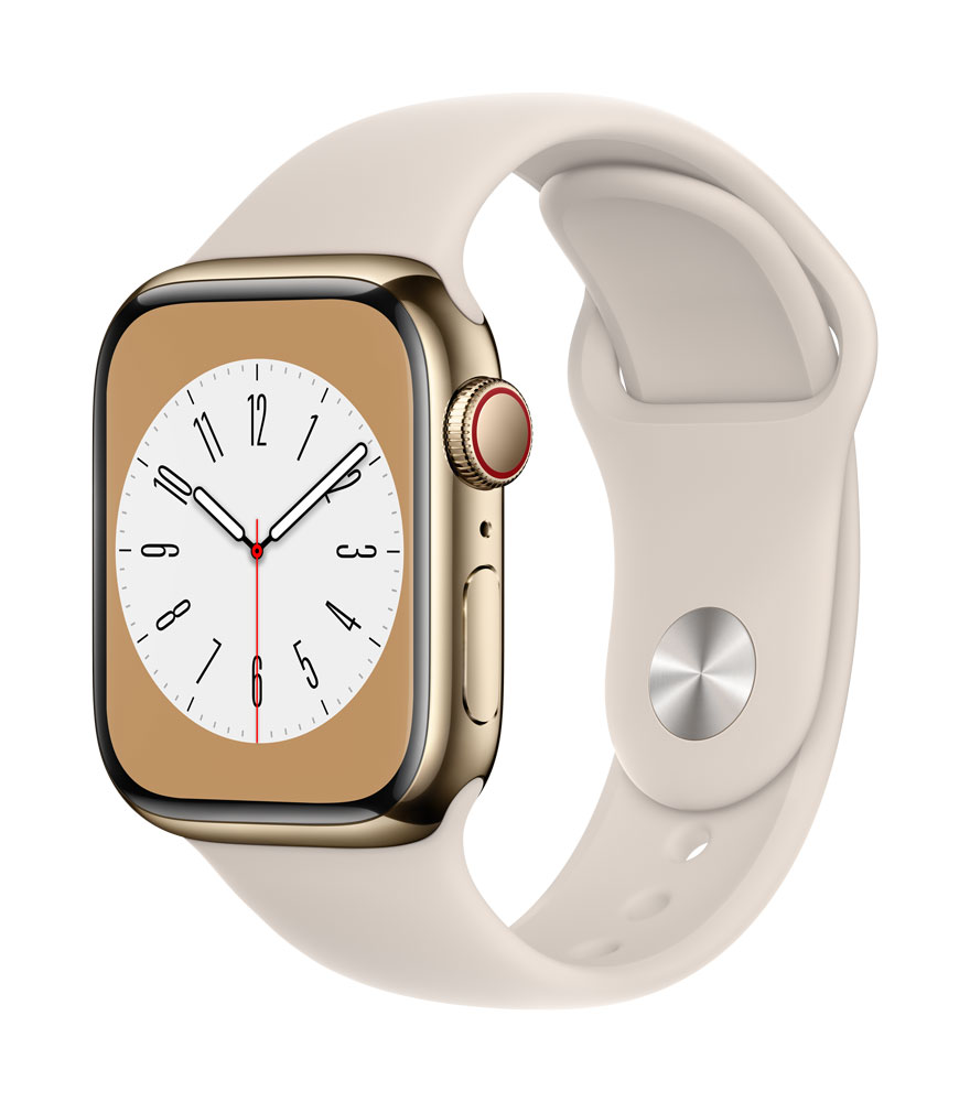 Купить Apple Watch Series 8 (GPS + Cellular) - 41 mm - Gold, Edelstahl - intelligente Uhr mit Sportband - Flouroelastomer - Starlight - Bandgröße: regelmäßig - 32 GB - Wi-Fi, LTE, Bluetooth, UWB - 4G - 42.3 g (MNJC3FD/A) в магазине wardena.ru