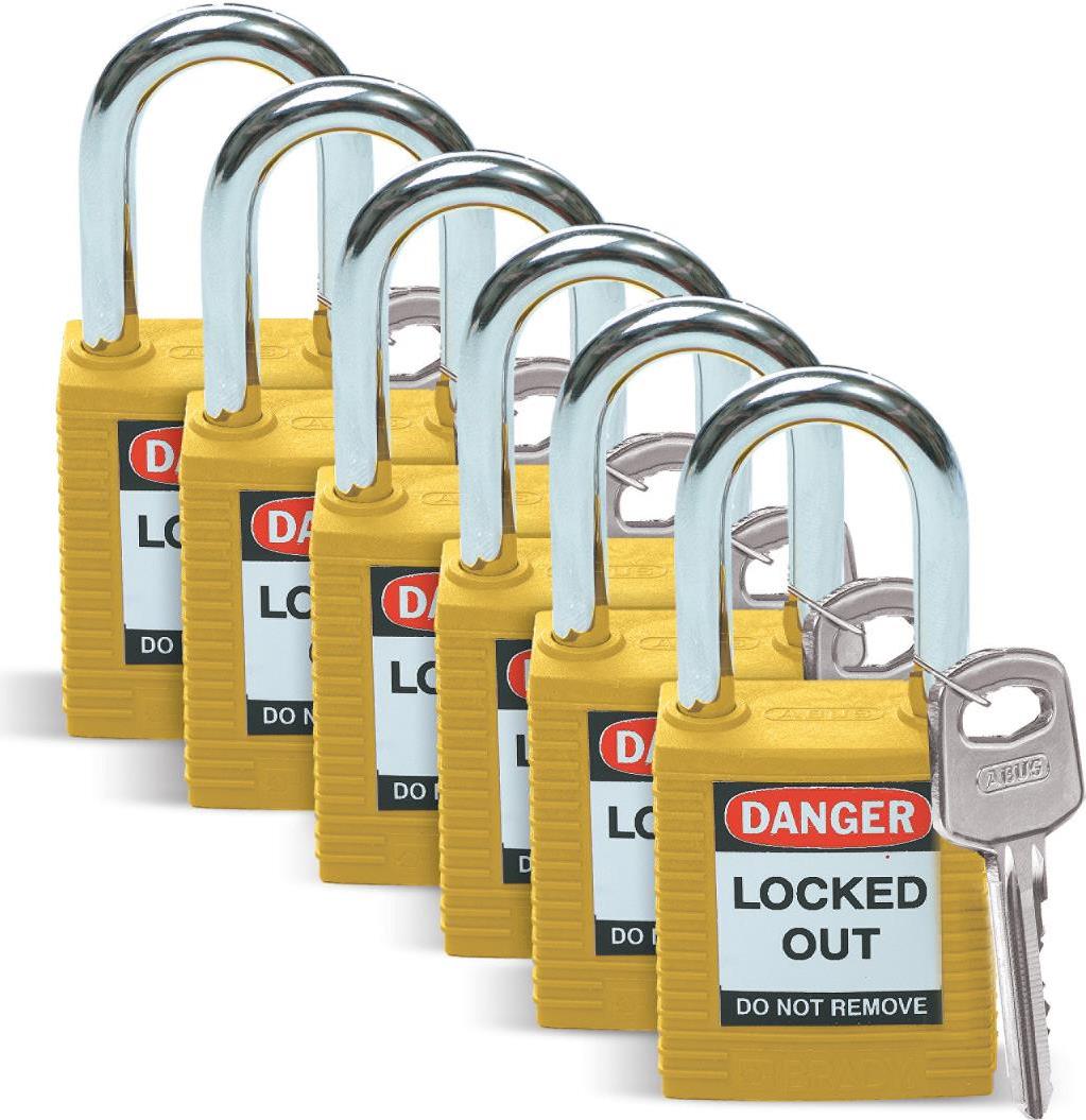 Купить Brady, Sicherheitsschloss mit Stahlbügel, Gelb, 38mm Bügelhöhe, 6,5mm Bügeldurchmesser (Keyed Different) ( 6er Pack) (051346) в магазине wardena.ru