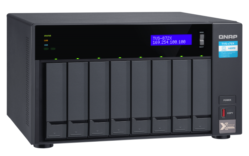 Купить QNAP 8-Bay NAS, Intel® Core" i3-8100T 4-core 3.1 GHz Processor, 8GB DDR4 RAM (max 32GB RAM), 8x 2.5"/3.5" SATA HDD/SSD + 2x M.2 PCIe SSD slot, 2x GbE LAN, 10GBASE-T (10G/5G/2.5G/1G), 4x USB 3.2 Gen 2 type-C & type-A, 1x (TVS-872X-I3-8G) в магазине wardena.ru