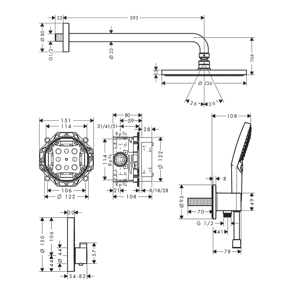 Купить Hansgrohe Raindance S Душевая система скрытого монтажа 240 1 jet PowderRain с ShowerSelect S хром 27951000 в магазине wardena.ru