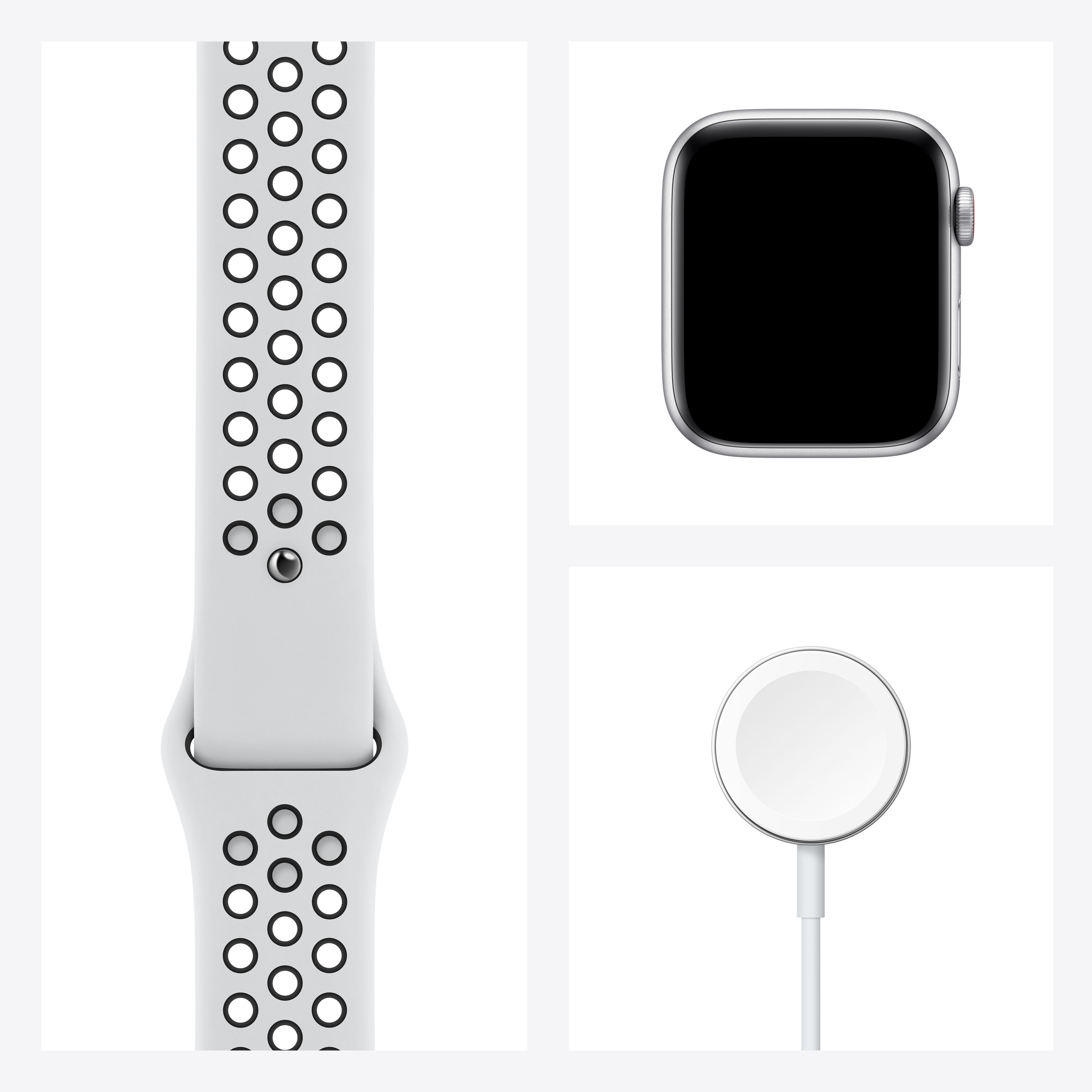 Купить Apple Watch Nike SE (GPS + Cellular) - 44 mm - Aluminium, Silber - intelligente Uhr mit Nike Sportband - Flouroelastomer - pures Platin/schwarz - Bandgröße: S/M/L - 32 GB - Wi-Fi, Bluetooth - 4G - 36.36 g (MG083FD/A) в магазине wardena.ru