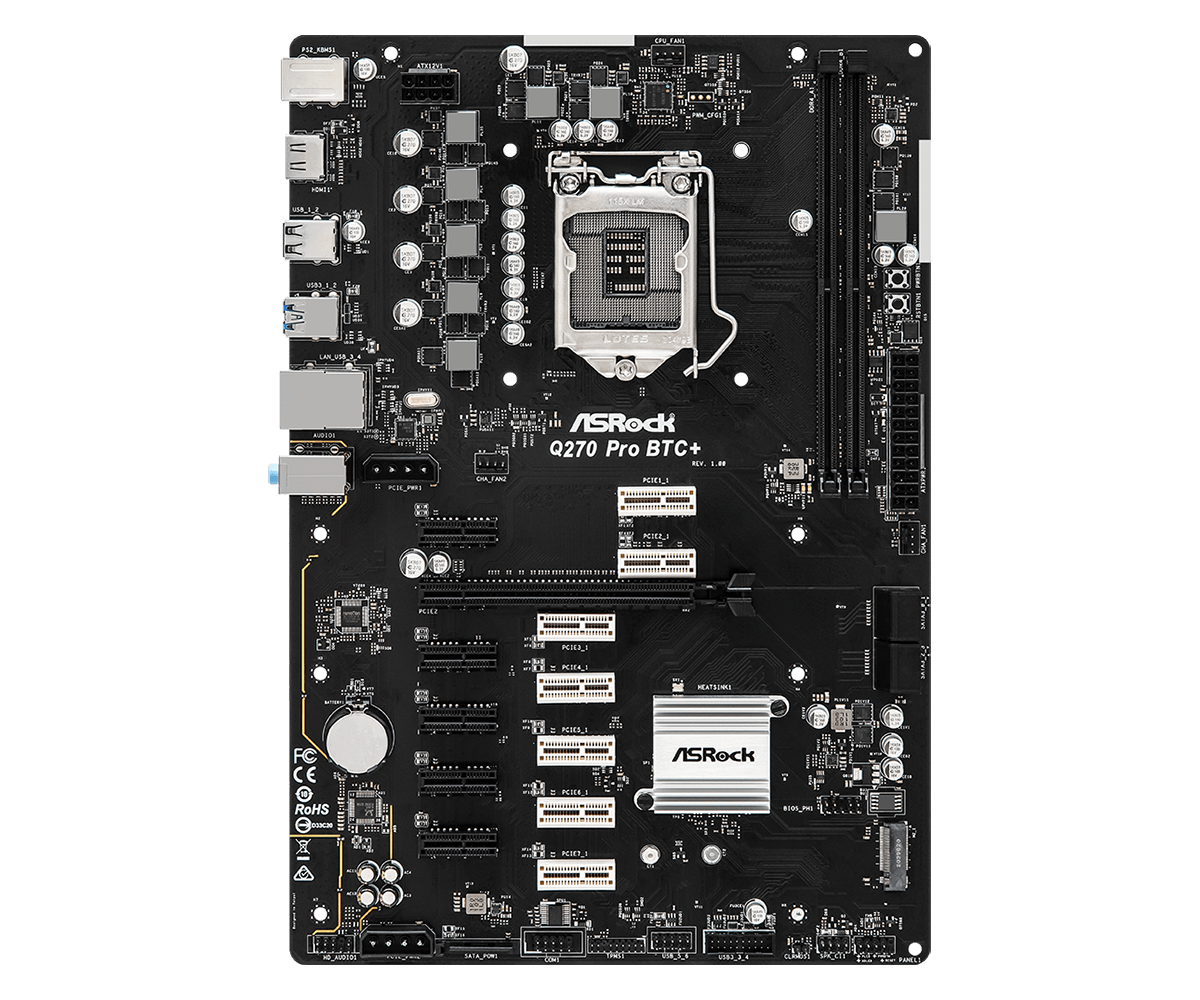 Купить ASRock Motherboard Q270 PRO BTC+ S1151 DDR4 12x PCI-Ex1 1xPCIE16 retail PCI-Express (90-MXBHM0-A0UAYZ) в магазине wardena.ru