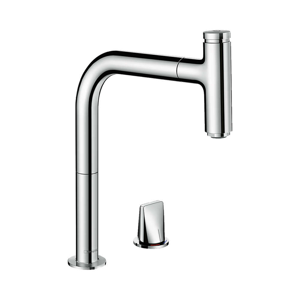Купить Hansgrohe Metris Select M71 Кухонный смеситель на 2 отверстия однорычажный 200 с вытяжным изливом 1jet sBox сталь 73804800 в магазине wardena.ru