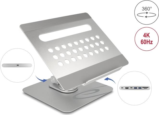 Купить Delock Tablet und Notebook Ständer mit eingebauter Dockingstation 4K - HDMI / Kartenleser / Hub / PD 3.0 90 W - 360° drehbar (18457) в магазине wardena.ru