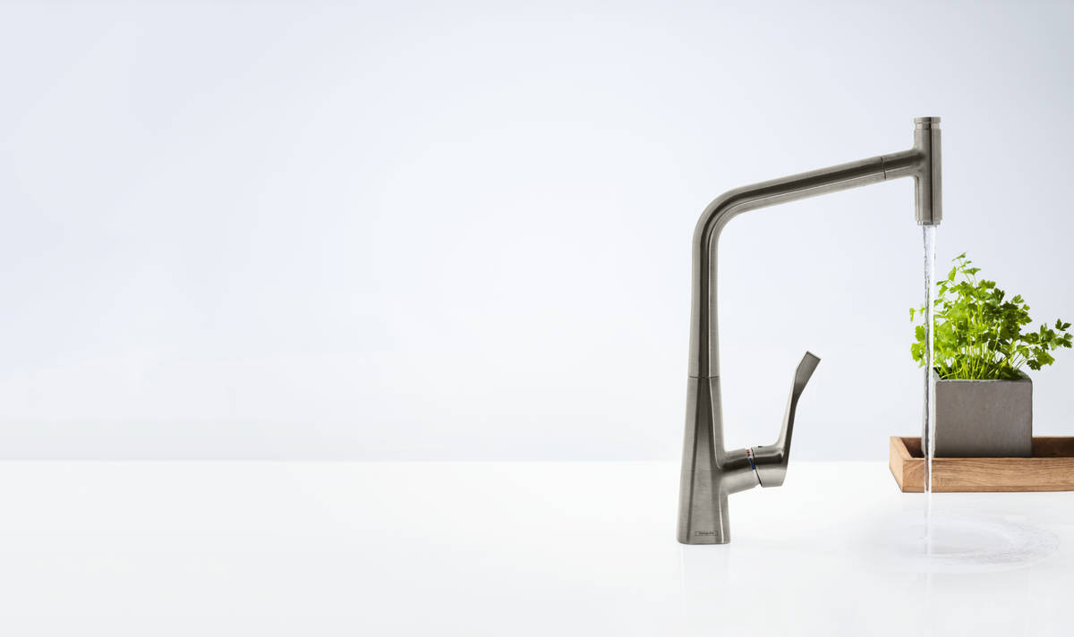 Купить Hansgrohe Metris Select M71 Кухонный смеситель однорычажный 320 с вытяжным изливом 1jet сталь 14884800 в магазине wardena.ru