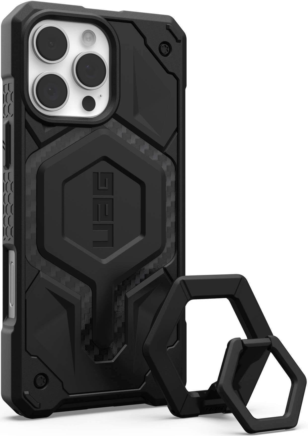 Купить UAG Urban Armor Gear Bundle bestehend aus Monarch Pro MagSafe Case & Magnetic Halterung/Haltering mit Standfunktion - Apple iPhone 16 Pro Max - carbon fiber & schwarz (1144571BV01) в магазине wardena.ru