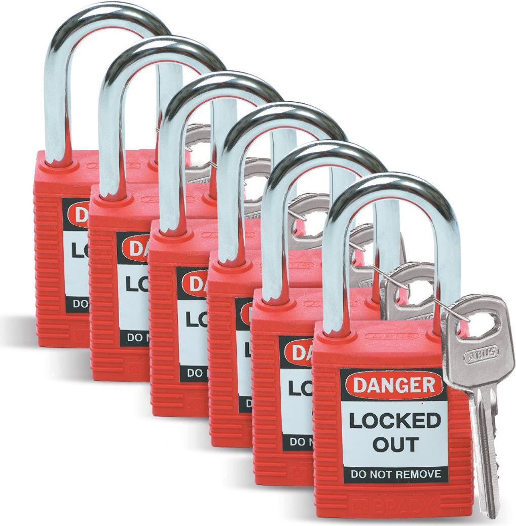 Купить Brady, Sicherheitsschloss mit Stahlbügel, Rot, 38mm Bügelhöhe, 6,5mm Bügeldurchmesser (Keyed Different) ( 6er Pack) (051339) в магазине wardena.ru