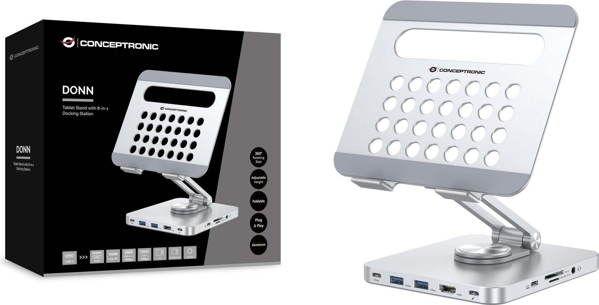 Купить Conceptronic DONN26G Tablet-Ständer mit 8-in-1-Dockingstation - 360° drehbare Basis - faltbar - höhenverstellbar (DONN26G) в магазине wardena.ru
