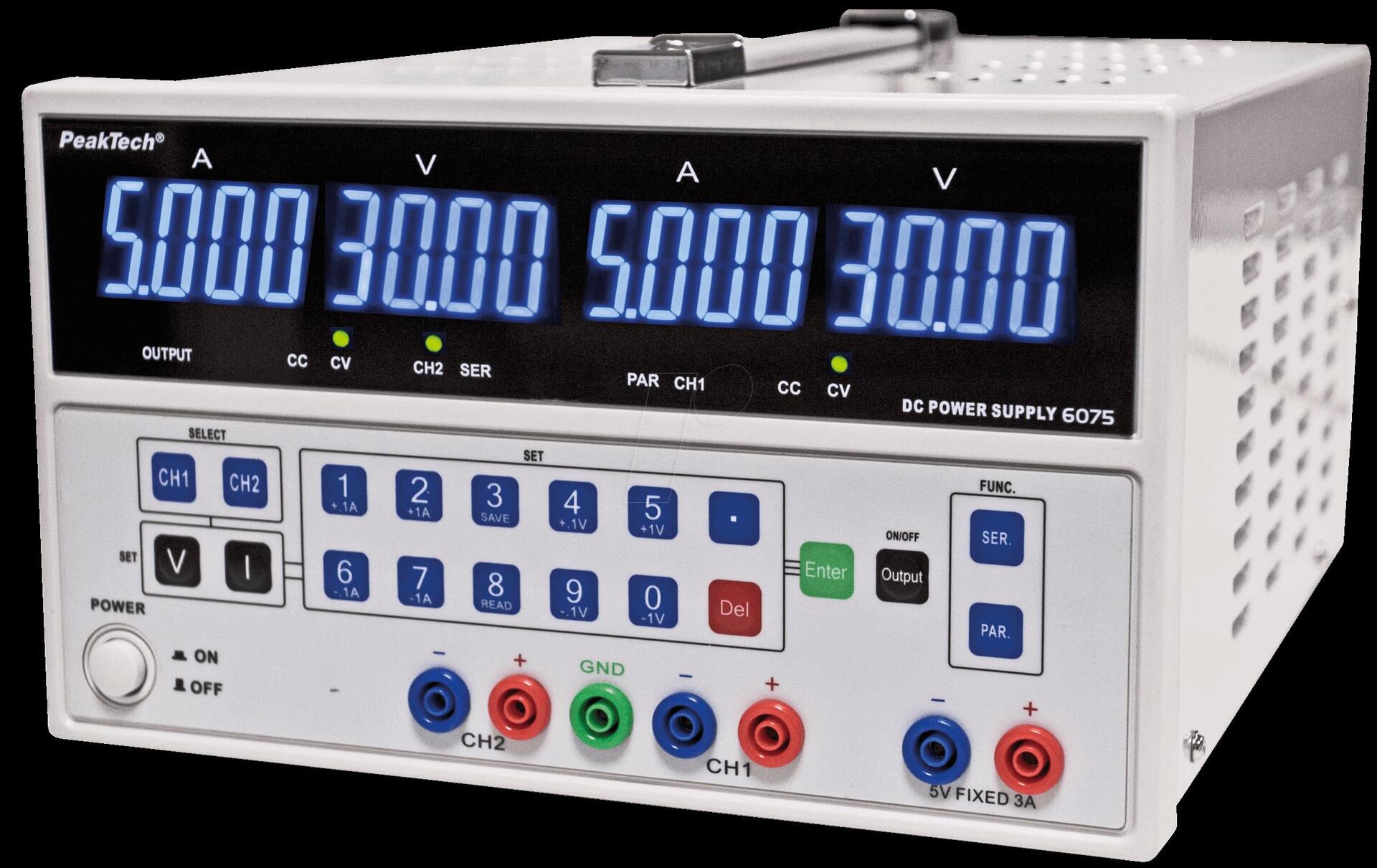 Купить PeakTech Labornetzgerät 3 Kan. ...30 VDC VDC 5 A / ...30 VDC VDC 5 A / ...5 VDC VDC 3 (PeakTech 6075) (P 6075) в магазине wardena.ru