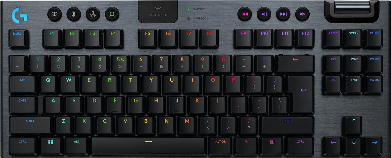 Купить Logitech Gaming G915 TKL - Tastatur - Hintergrundbeleuchtung - USB, Bluetooth, LIGHTSPEED - QWERTY - Spanisch - Tastenschalter: GL Tactile - Kohle (920-009499) в магазине wardena.ru