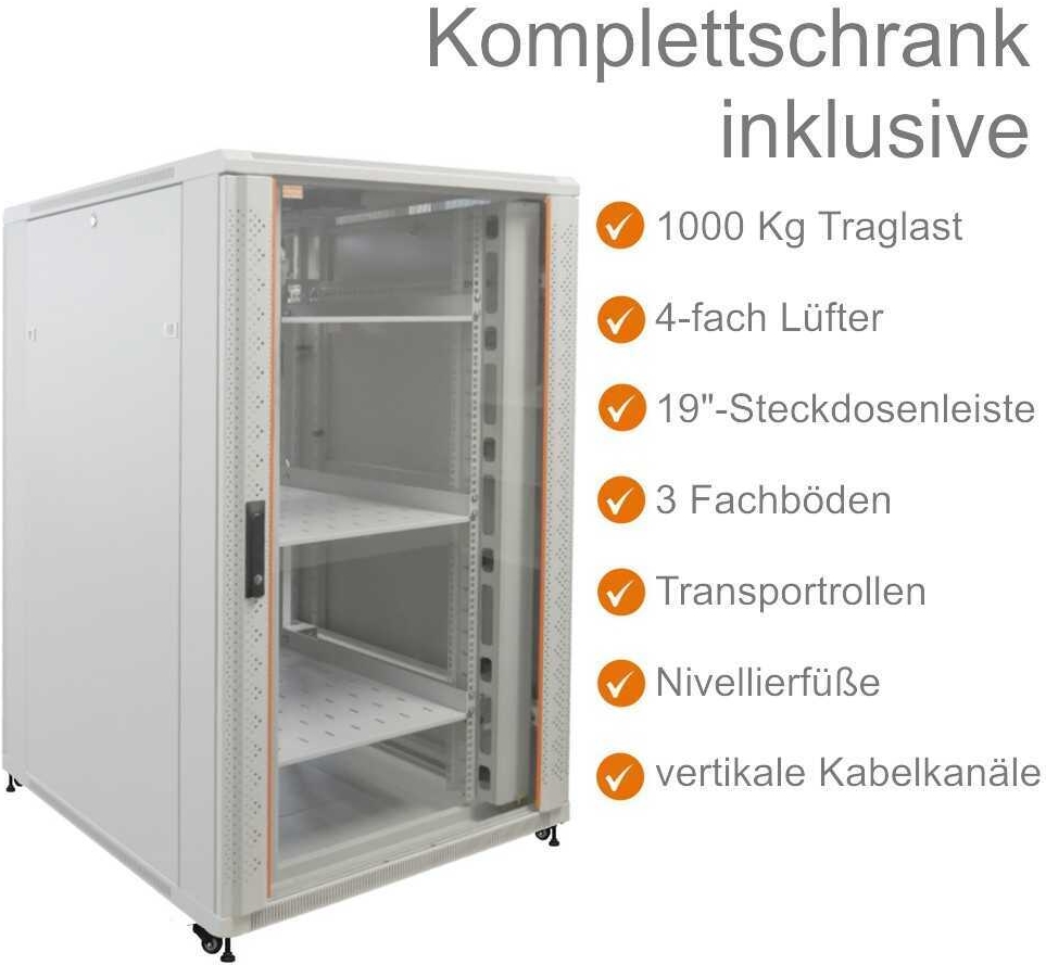 Купить IT-BUDGET 19"-Netzwerkschrank SRK - Komplettset - 27 HE - BxT 800x800 mm - Sicht-/Vollblechtür - 4 Aktiv-Lüfter - PDU - Fachböden - Flatpack - lichtgrau (90ITB19SRK2788GG) в магазине wardena.ru