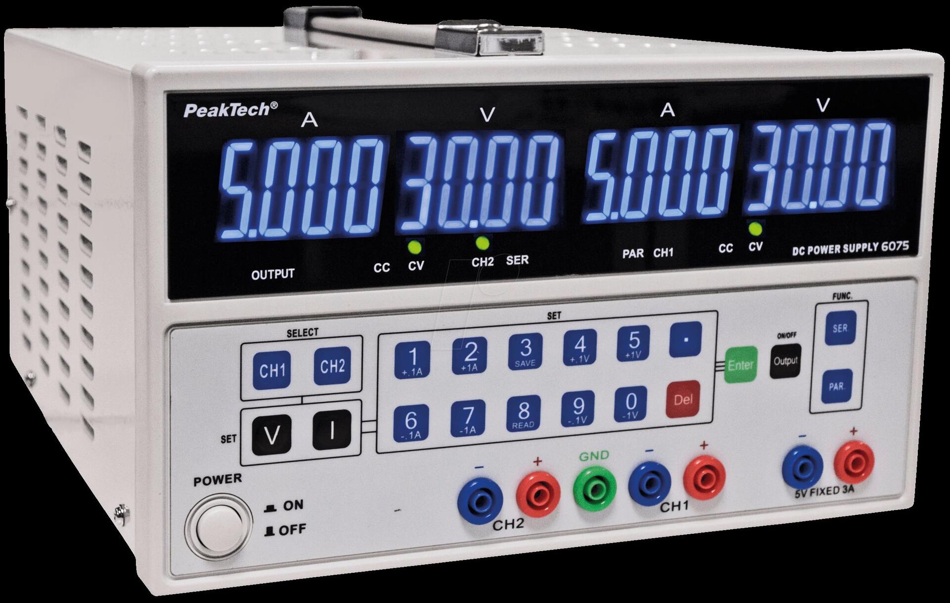Купить PeakTech Labornetzgerät 3 Kan. ...30 VDC VDC 5 A / ...30 VDC VDC 5 A / ...5 VDC VDC 3 (PeakTech 6075) (P 6075) в магазине wardena.ru