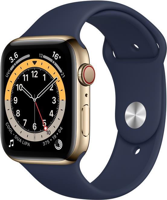Купить Apple Watch Series 6 (GPS + Cellular) - 44 mm - Gold, Edelstahl - intelligente Uhr mit Sportband - Flouroelastomer - Deep Navy - Bandgröße: S/M/L - 32 GB - Wi-Fi, Bluetooth - 4G - 47.1 g (MJXN3FD/A) в магазине wardena.ru