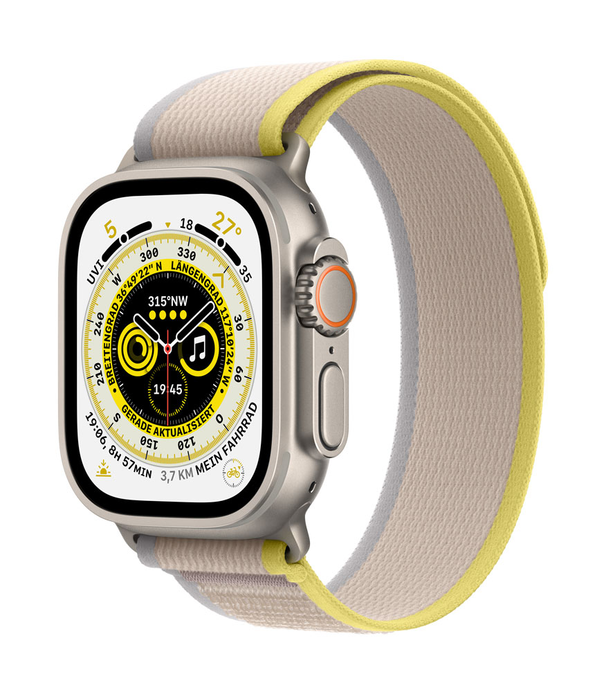 Купить Apple Watch Ultra - 49 mm - Titan - intelligente Uhr mit Trail Loop - soft double-layer nylon - yellow/beige - Bandgröße: S/M - 32 GB - Wi-Fi, LTE, UWB, Bluetooth - 4G - 61.3 g (MNHK3FD/A) в магазине wardena.ru