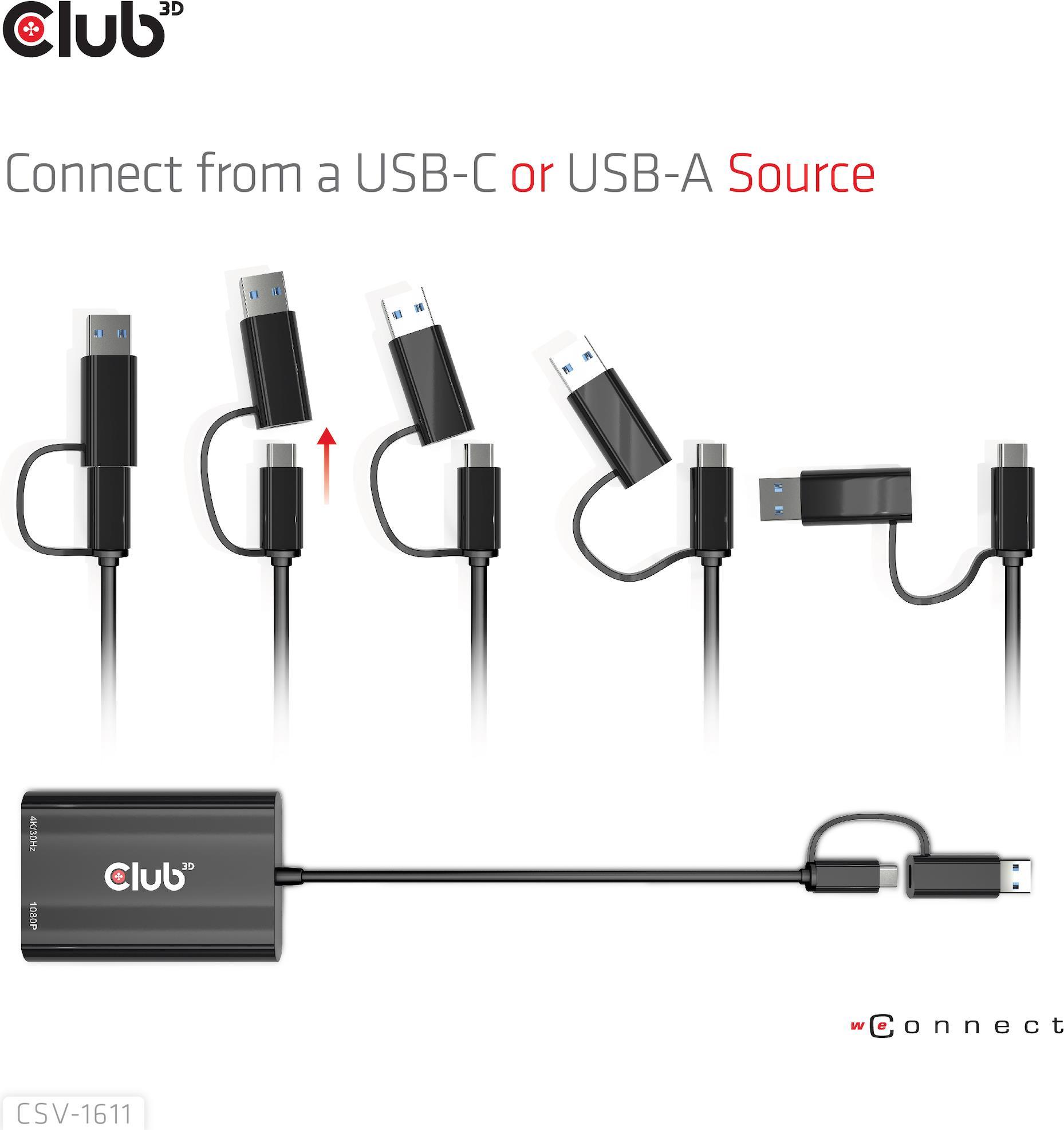 Купить Club 3D - Videoadapter - USB Typ A, USB-C (M) zu HD-15 (VGA), HDMI (W) - Zweibildschirmbetrieb, 4K30Hz (3840 x 2160) Support (HDMI), 1080p-Unterstützung, 60 Hz (VGA) (CSV-1611) в магазине wardena.ru