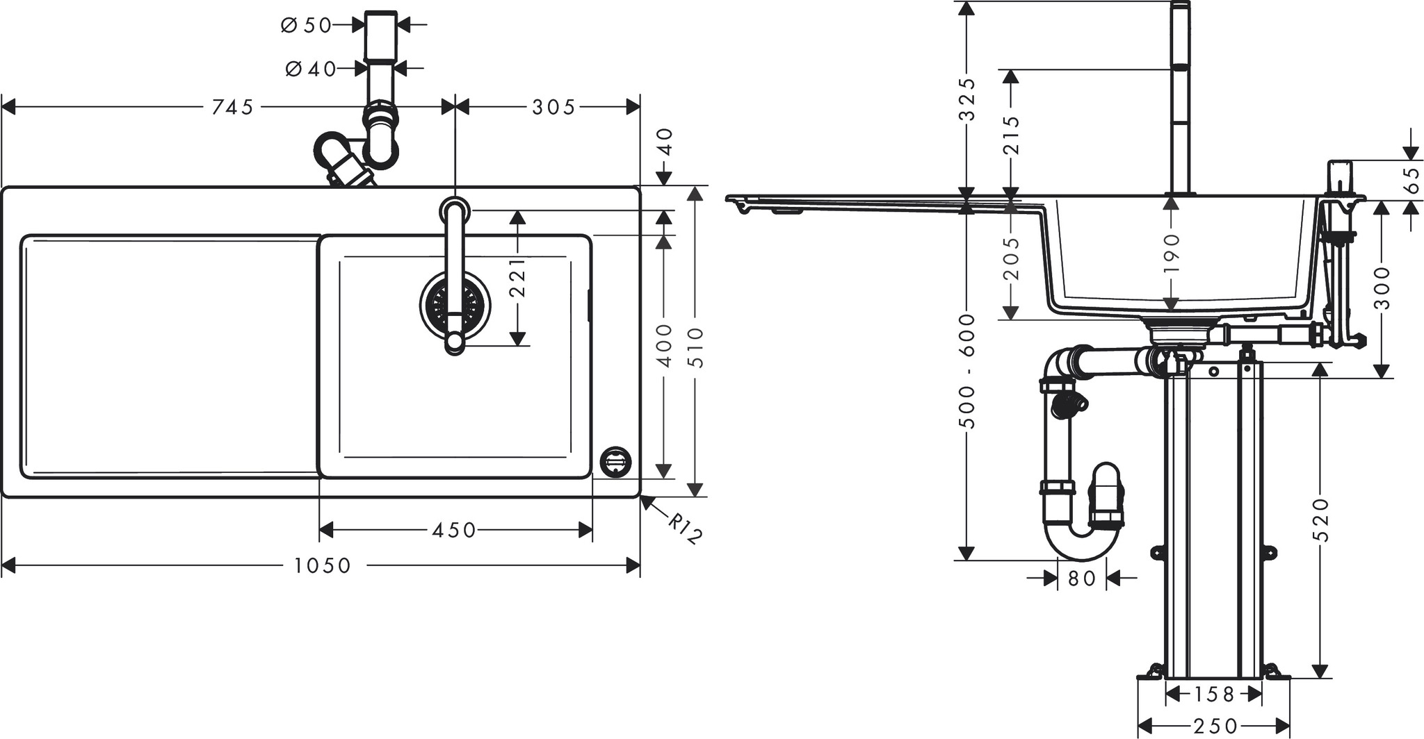Купить Hansgrohe C51-F450-08 Комбинация для кухни 450 с крылом хром 43219000 в магазине wardena.ru