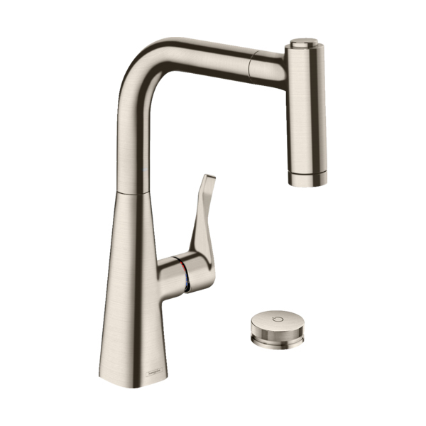 Купить Hansgrohe Metris Select M71 Кухонные смеситель на 2 отверстия однорычажный 220 с вытяжным душем 2jet sBox сталь 73805800 в магазине wardena.ru