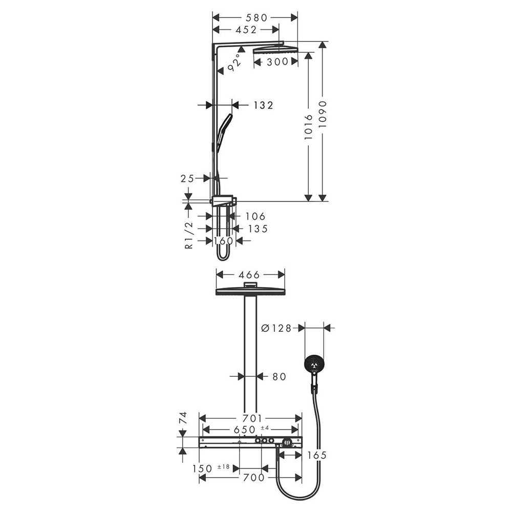 Купить Hansgrohe Rainmaker Select Showerpipe 460 2jet EcoSmart 9 л/мин с термостатом хром-белый матовый 27028400 в магазине wardena.ru