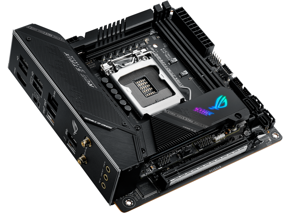 Купить ASUS ROG STRIX Z590-I GAMING WIFI - Motherboard - Mini-ITX - LGA1200-Sockel - Z590 - USB-C Gen2, USB 3.2 Gen 1, USB 3.2 Gen 2, USB-C Gen 2x2 - 2.5 Gigabit LAN, Wi-Fi - Onboard-Grafik (CPU erforderlich) - HD Audio (8-Kana (90MB1680-M0EAY0) в магазине wardena.ru
