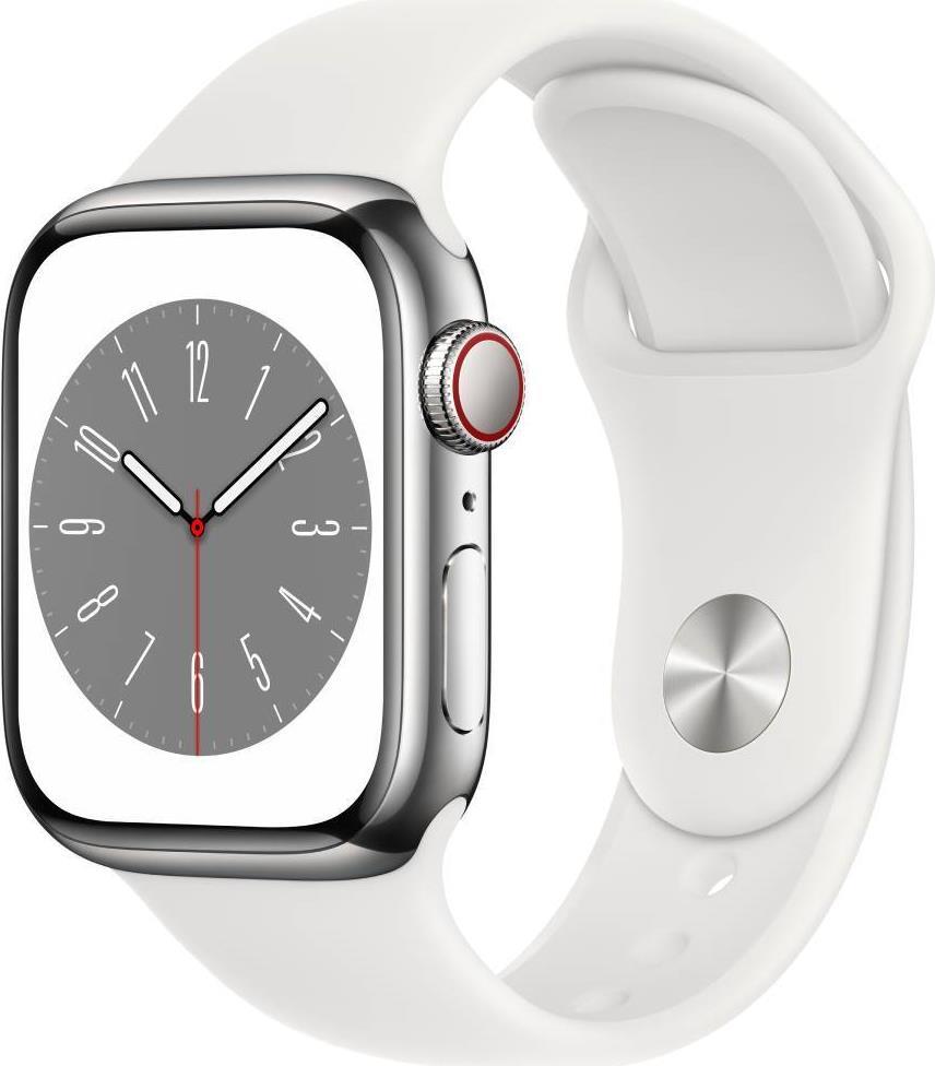 Купить Apple Watch Series 8 (GPS + Cellular) - 41 mm - Silver Edelstahl - intelligente Uhr mit Sportband - Flouroelastomer - weiß - Bandgröße: regelmäßig - 32GB - Wi-Fi, LTE, Bluetooth, UWB - 4G - 42,3 g (MNJ53FD/A) в магазине wardena.ru
