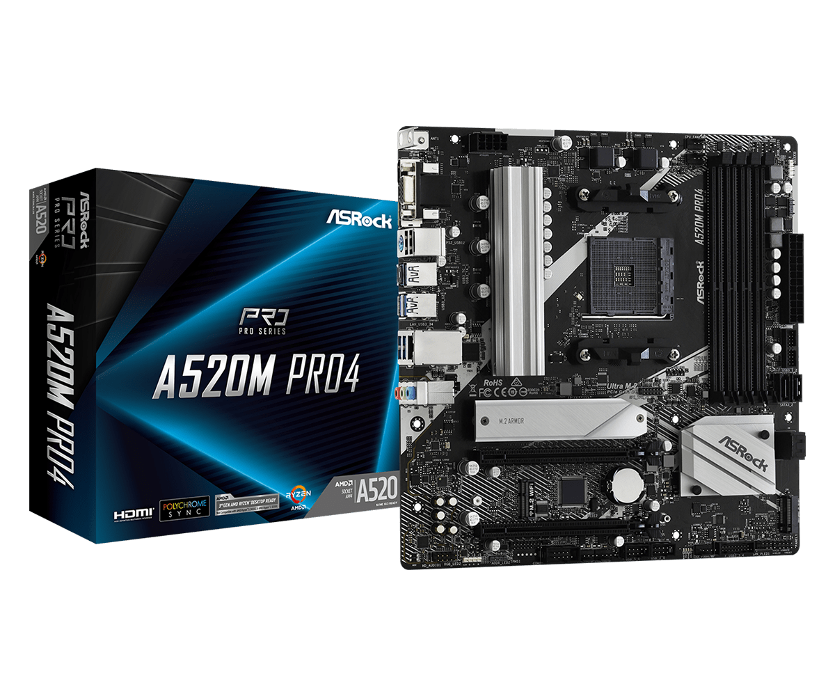 Купить ASRock A520M Pro4 - Motherboard - micro ATX - Socket AM4 - AMD A520 - USB-C Gen1, USB 3.2 Gen 1 - Gigabit LAN - Onboard-Grafik (CPU erforderlich) - HD Audio (8-Kanal) (90-MXBDU0-A0UAYZ) в магазине wardena.ru