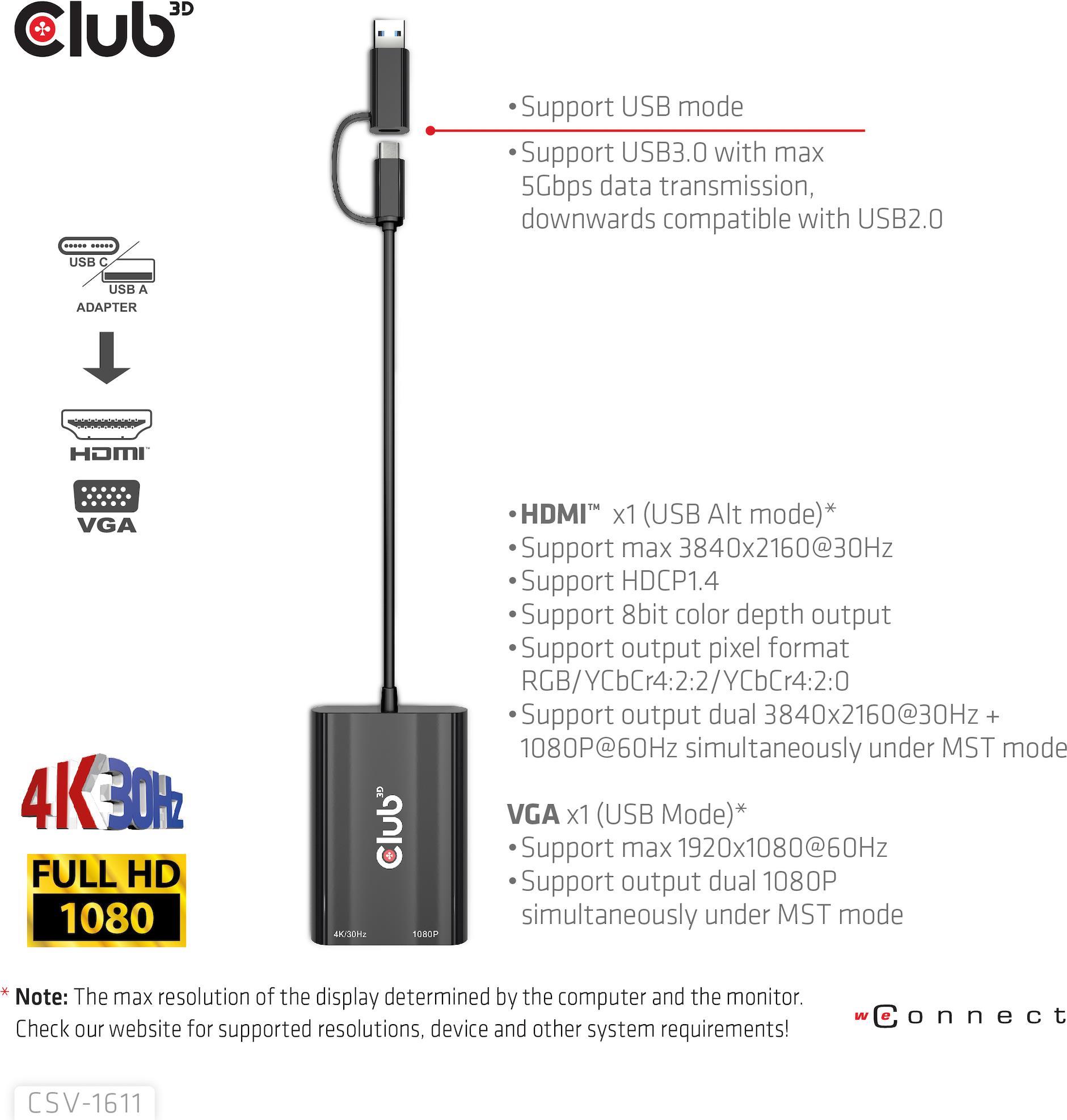 Купить Club 3D - Videoadapter - USB Typ A, USB-C (M) zu HD-15 (VGA), HDMI (W) - Zweibildschirmbetrieb, 4K30Hz (3840 x 2160) Support (HDMI), 1080p-Unterstützung, 60 Hz (VGA) (CSV-1611) в магазине wardena.ru