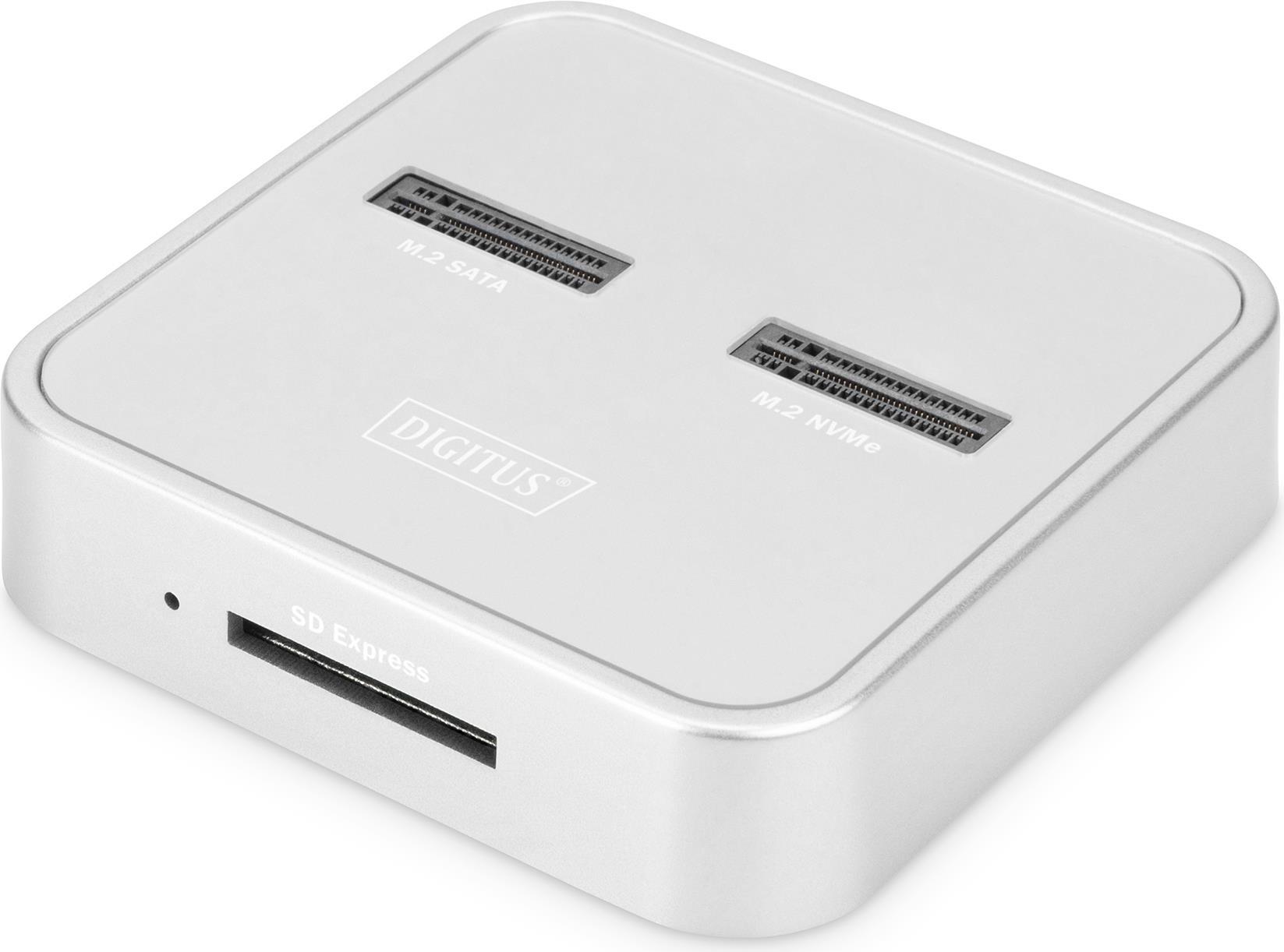 Купить DIGITUS - SSD-Dockingstation mit Datenanzeige, SD Express Kartenlesegerät Schächte: 2 - M.2 - M.2 Card (PCIe NVMe & SATA) - USB-C 3.2 (Gen 2) - Silber (DA-71546) в магазине wardena.ru