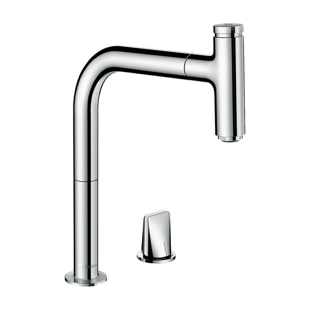 Купить Hansgrohe Metris Select M71 Кухонный смеситель на 2 отверстия однорычажный 200 Eco с вытяжным изливом 1jet sBox хром 73825000 в магазине wardena.ru