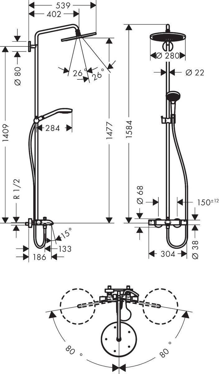 Купить Hansgrohe Croma Select S Showerpipe 280 1jet Душевой набор с термостатом для ванны хром 26792000 в магазине wardena.ru