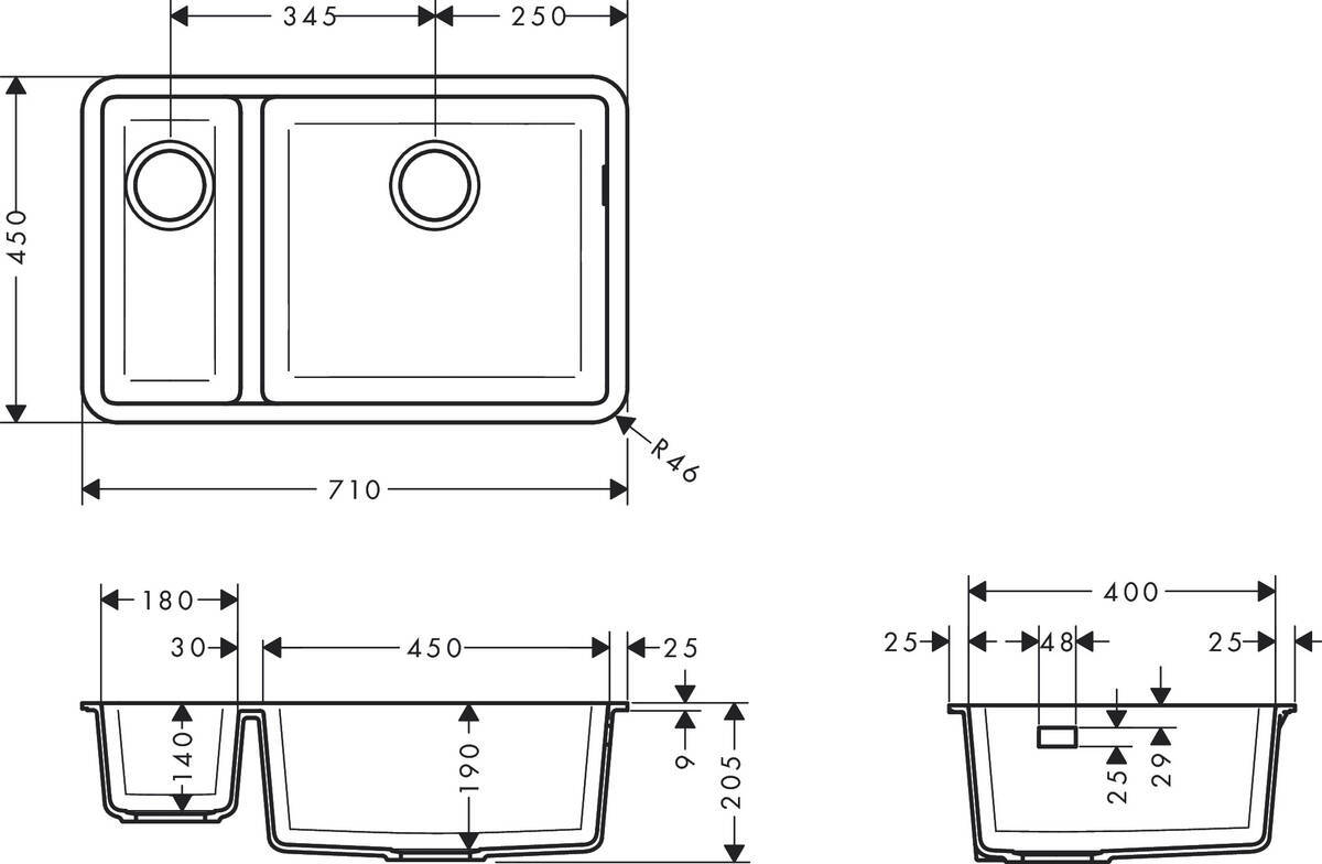 Купить Hansgrohe S51 S510-U635 Мойка для монтажа под столешницу 180/450 черный графит 43433170 в магазине wardena.ru