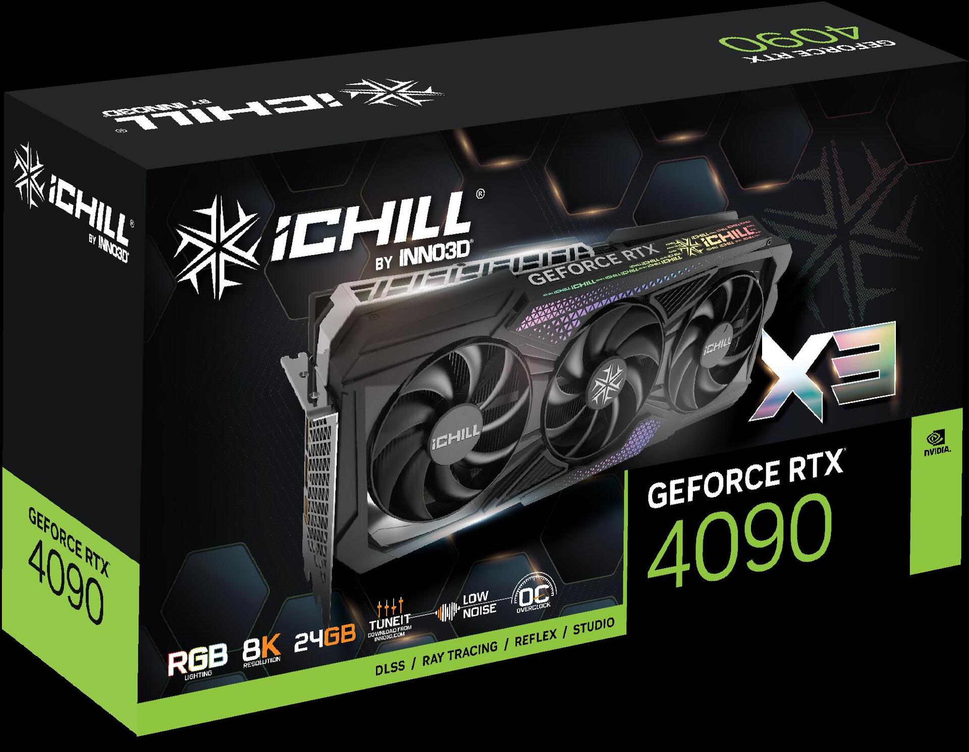 Купить Inno3D GeForce RTX 4090 iCHILL X3 - Grafikkarten - NVIDIA GeForce RTX 4090 - 24 GB GDDR6X - PCIe 4.0 x16 - HDMI, 3 x DisplayPort (C40903-246XX-1833VA47) в магазине wardena.ru