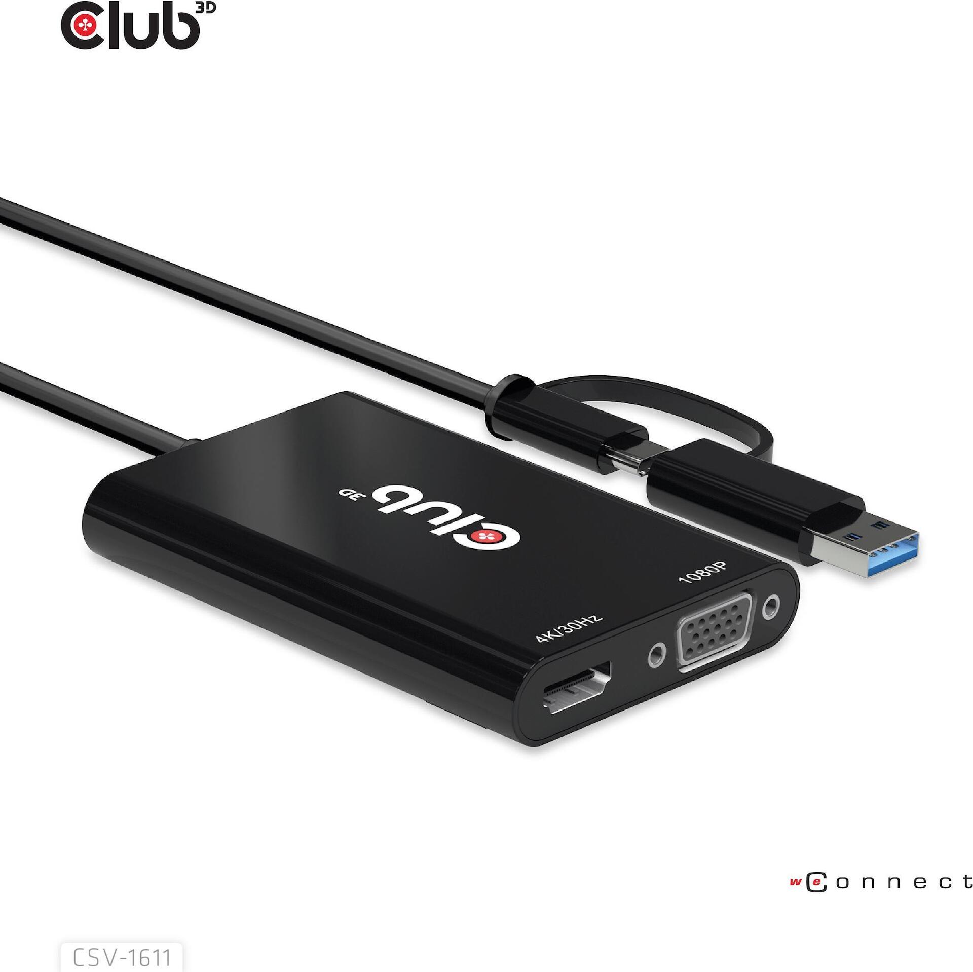 Купить Club 3D - Videoadapter - USB Typ A, USB-C (M) zu HD-15 (VGA), HDMI (W) - Zweibildschirmbetrieb, 4K30Hz (3840 x 2160) Support (HDMI), 1080p-Unterstützung, 60 Hz (VGA) (CSV-1611) в магазине wardena.ru