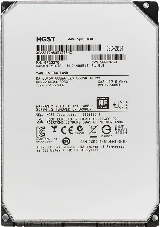 Купить WD Ultrastar He8 HUH728060AL5200 - Festplatte - 6 TB - intern - 3.5" (8.9 cm) - SAS 12Gb/s - 7200 U/min - Puffer: 128 MB (0F23270) в магазине wardena.ru