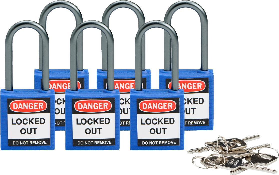 Купить Brady, kompaktes Sicherheitsschloss Nylon, Blau, 38mm Bügelhöhe, 4,7mm Aluminium-Schließbügel (Keyed Different) (6er Pack) (814124) в магазине wardena.ru