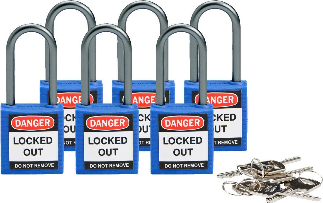 Купить Brady, kompaktes Sicherheitsschloss Nylon, Blau, 38mm Bügelhöhe, 4,7mm Aluminium-Schließbügel (Keyed Different) (6er Pack) (814124) в магазине wardena.ru