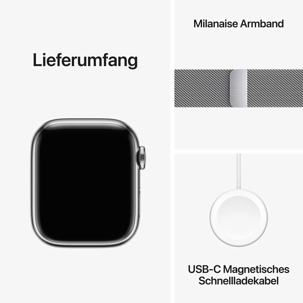 Купить APPLE Watch Series 9 GPS + Cellular 41mm Silver Stainless Steel Case with Silver Milanese Loop (MRJ43QF/A) в магазине wardena.ru