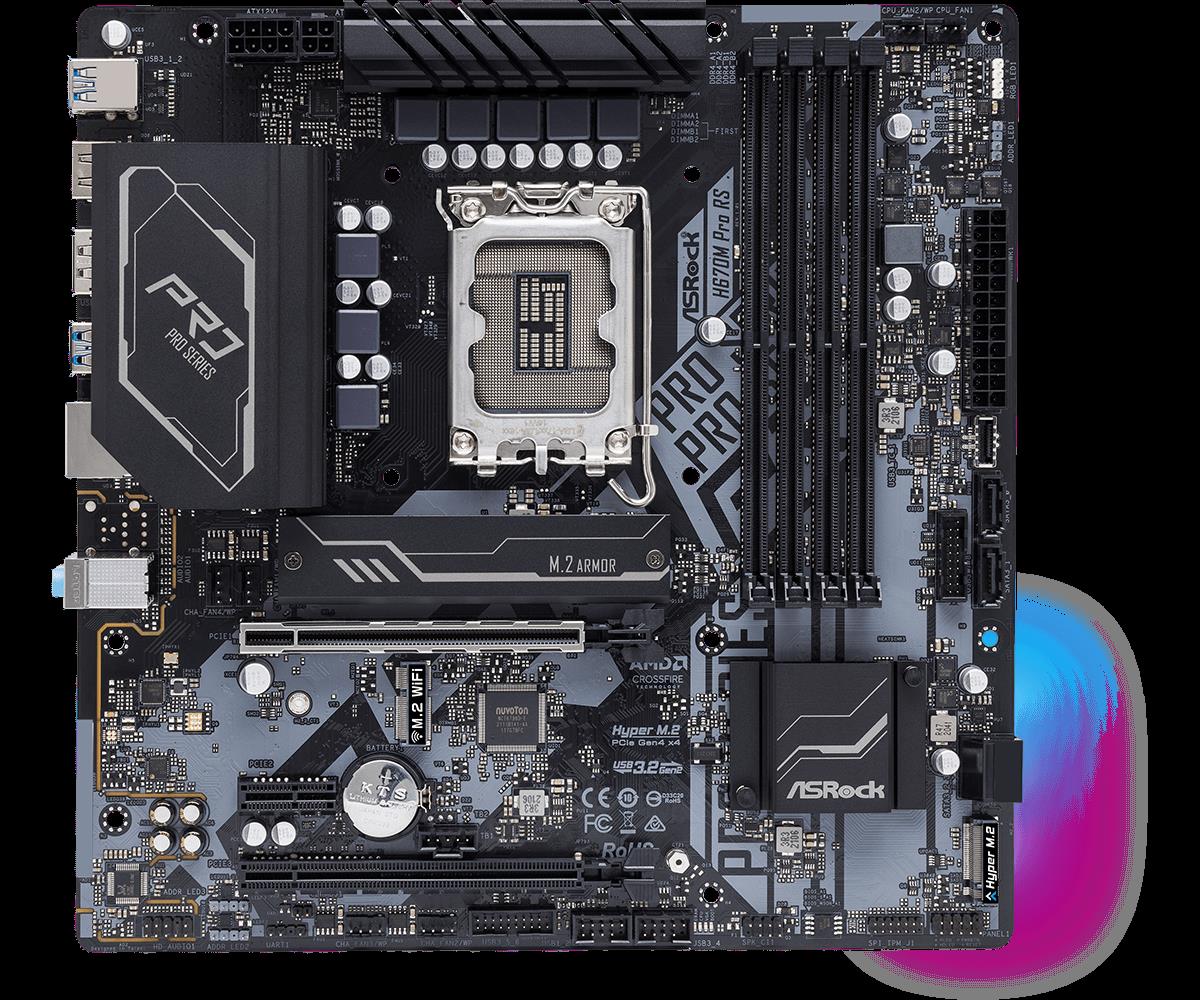 Купить ASRock H670M Pro RS - Motherboard - micro ATX - LGA1700-Sockel - H670 Chipsatz - USB-C Gen1, USB 3.2 Gen 1, USB 3.2 Gen 2 - Gigabit LAN - Onboard-Grafik (CPU erforderlich) - HD Audio (8-Kanal) (90-MXBHK0-A0UAYZ) в магазине wardena.ru