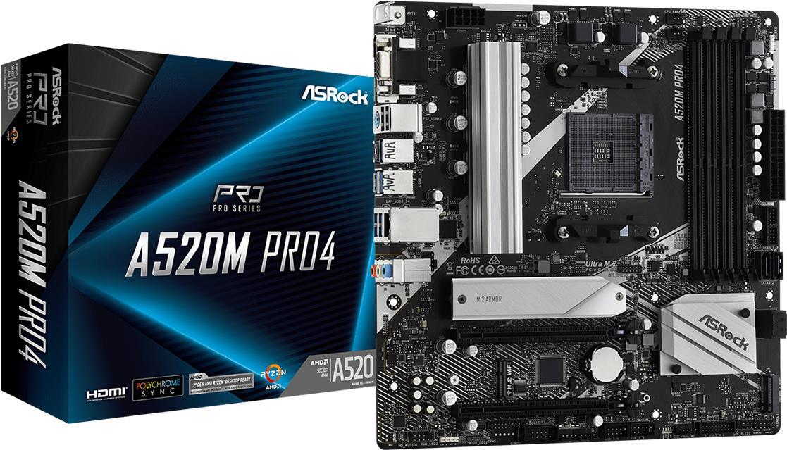 Купить ASRock A520M Pro4 - Motherboard - micro ATX - Socket AM4 - AMD A520 - USB-C Gen1, USB 3.2 Gen 1 - Gigabit LAN - Onboard-Grafik (CPU erforderlich) - HD Audio (8-Kanal) (90-MXBDU0-A0UAYZ) в магазине wardena.ru