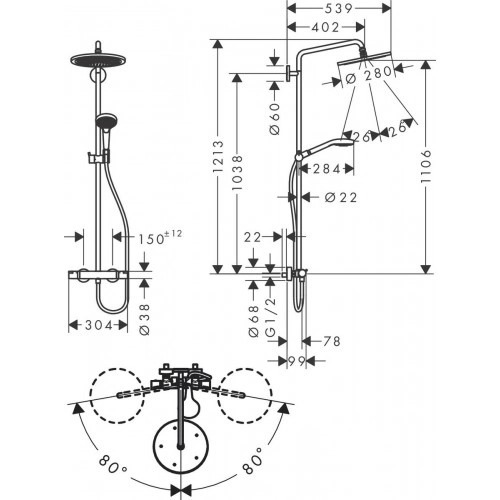 Купить Hansgrohe Croma Select S Showerpipe 280 1jet Душевой набор с термостатом бронза 26891140 в магазине wardena.ru